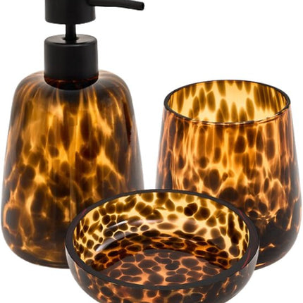 Badkameraccessoireset - Luxe Glazen Badkamer Set - Dotty 400ml Zeeppompje, 11cm Zeepbakje & 9cm Tandenborstelhouder - voor Toilet & Keuken - Bruin