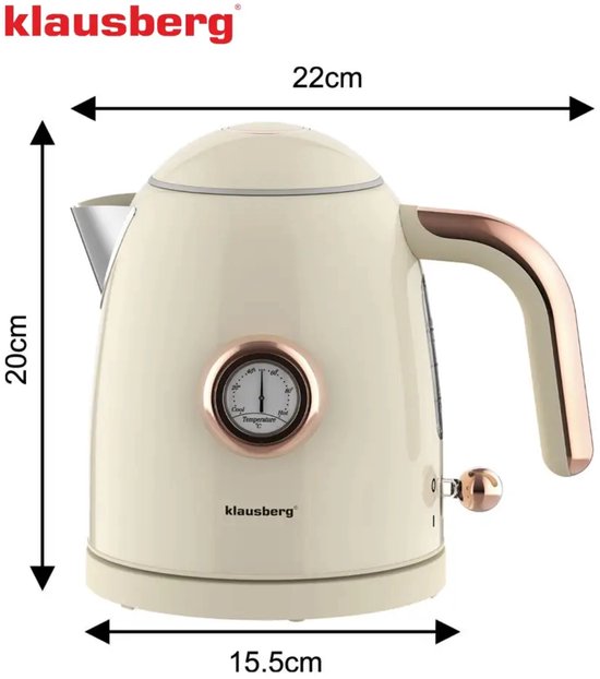 Klausberg - Waterkoker - Retro Waterkoker - Kleine Elektrische Waterkoker - Thee Waterkoker met Thermometer - Compacte Waterkoker Design - Keukenapparaat - 1L - 1200W - RVS - Crème