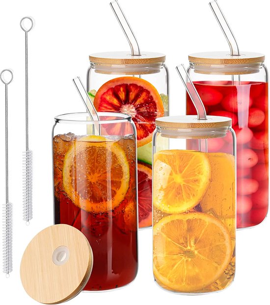 4-piece drinking glass set with lids and straws, bubble tea cup, iced coffee glasses, 500 ml, bear can cocktail glasses, iced coffee cup for milkshakes, juices, smoothies (semi-sealed)