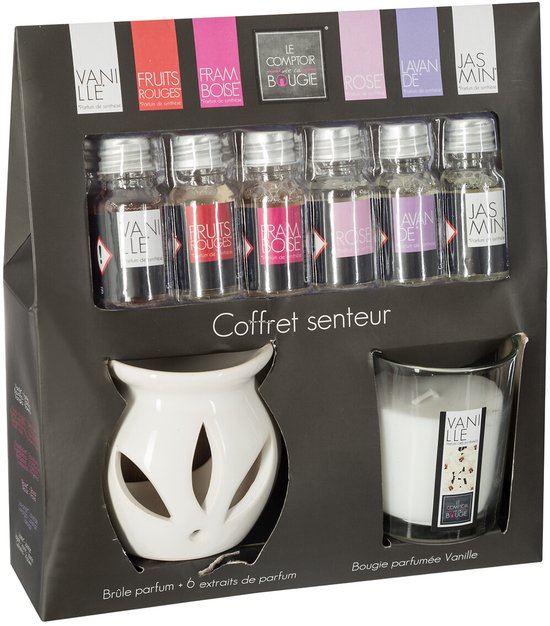 Geurolie cadeauset met oliebrander – 6 geuren van 10 ml en geurkaars vanill