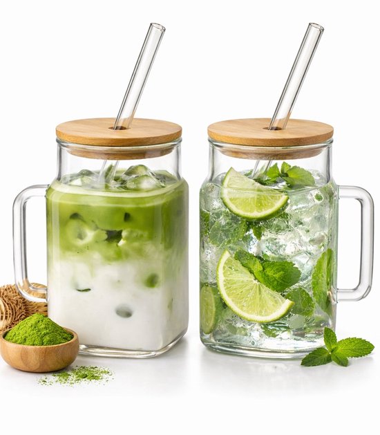 Matcha glazen met bamboe deksel en glazen rietje – set van 2, 550 ml