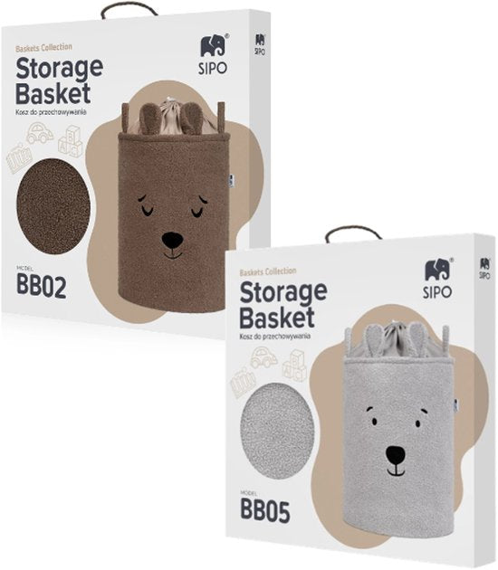 SIPO Speelgoedmanden Bouclé – Set van 2 – Beer Design – 43 L – Bruin/Grijs