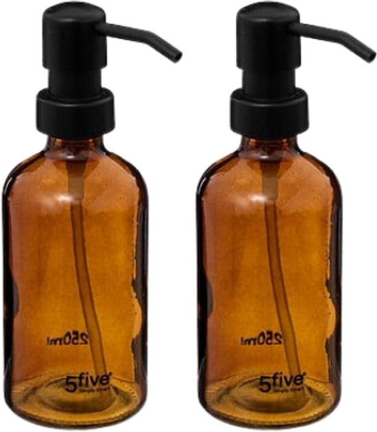 Glass Soap Dispenser - Set of 2 - Luxury Hand Soap Holder in Display Box - Bathroom & Kitchen Accessory - 250 ml - Brown