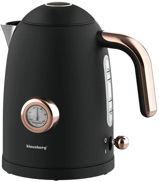 Klausberg - Waterkoker - Retro Waterkoker - Elektrische Waterkoker met Thermometer - Design Waterkoker met Rose Gold - Grote Waterkoker Keuken - Thee & Koffie Koker - 1.7L - RVS - 2200W - Zwart