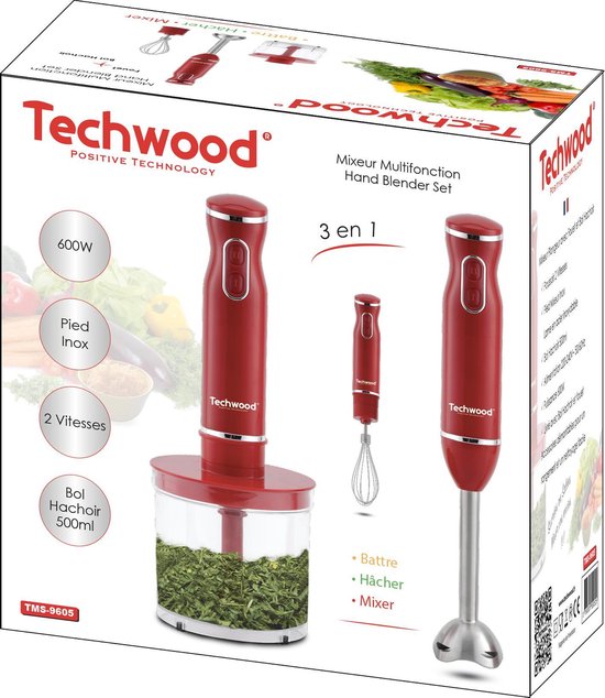 Techwood TMS-9605 staafmixerset 3-in-1, 600 watt, rood