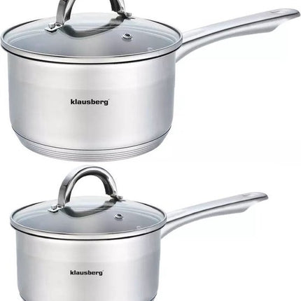 2 x steelpan / sauspan - steelpan met glazen deksel - Ø14 en Ø18 cm - RVS - 1 liter en 2,1 liter