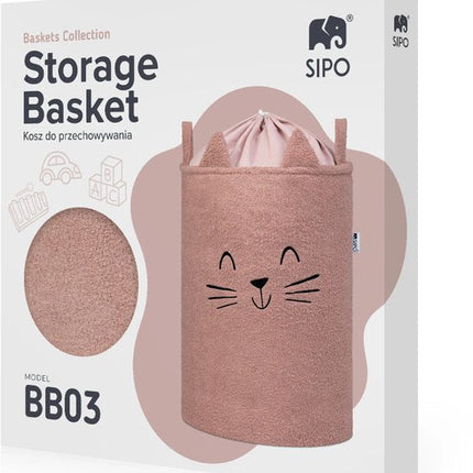 SIPO Grote Opbergmand voor Speelgoed - XL Formaat 43 Liter - Roze Boucle Stoffen Kitten Print - met Trekkoord - 45x43x5cm
