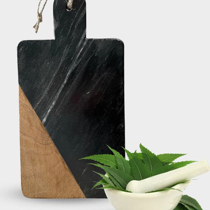 Snijplank - Serveerplank in Zwart Marmer en Mangohout 30 x 15 cm | Snijplank marmer