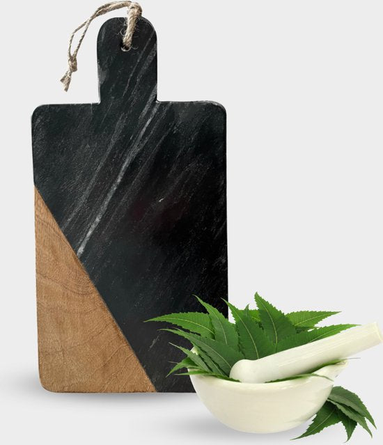 Schneidebrett - Servierbrett aus schwarzem Marmor und Mangoholz 30 x 15 cm | Marmor-Schneidebrett