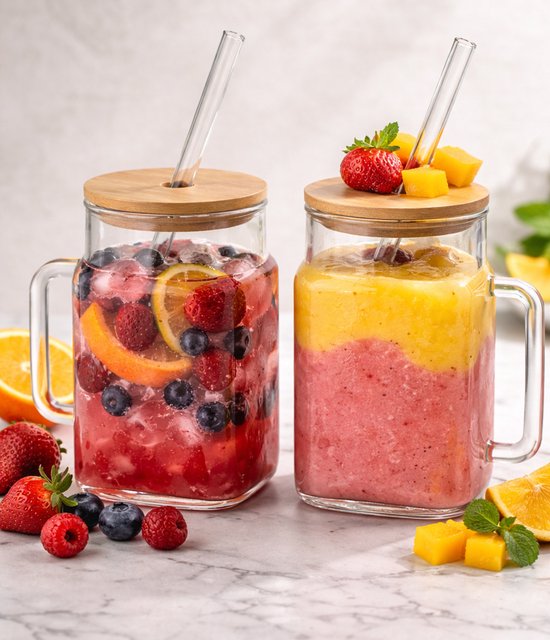 Set van 2 Glazen Drinkbekers met Deksel en Glazen Rietje – 450 ml – Perfect voor Matcha & Cocktails