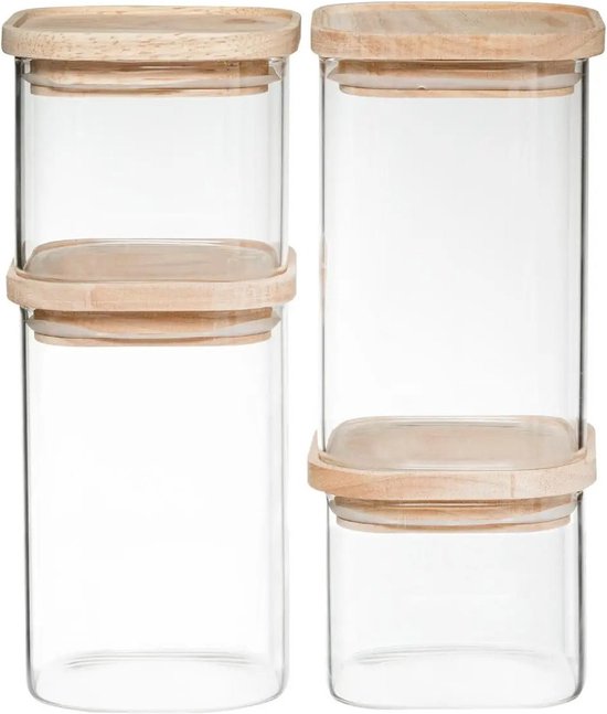 Set van 4 voorraadbussen/voorraadpotten glas met houten deksel - 500 ml - 1000 ml - Voorraadpotten met luchtdichte deksel