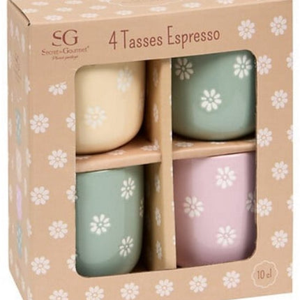 Lot de 4 Tasses à Expresso Margot - Imprimé Fleurs Délicates - 10 cl - Incluant 2x Vert, 1x Rose, 1x Jaune