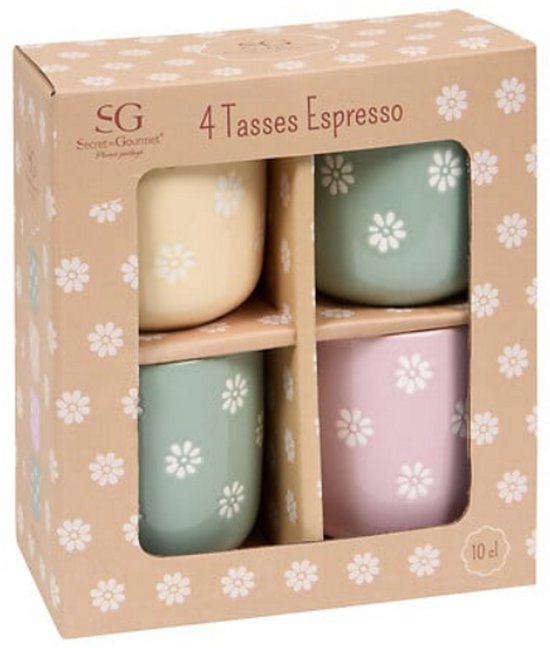 Lot de 4 Tasses à Expresso Margot - Imprimé Fleurs Délicates - 10 cl - Incluant 2x Vert, 1x Rose, 1x Jaune