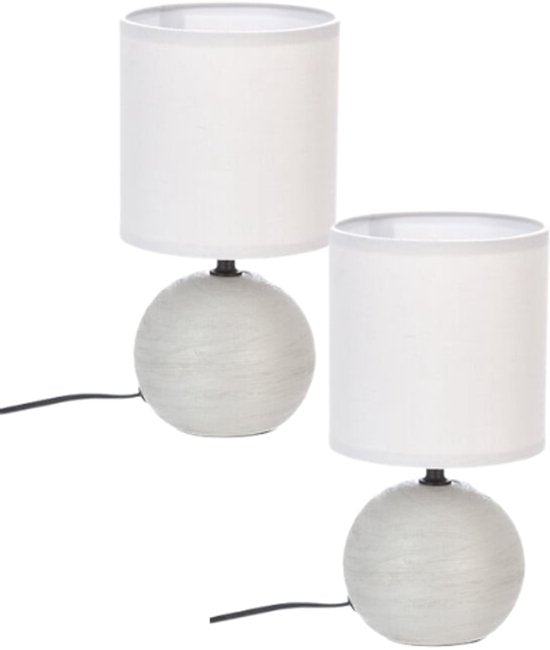Timéo tafellamp set van 2 – gestreepte bollamp van keramiek, E14, lichtgrijs