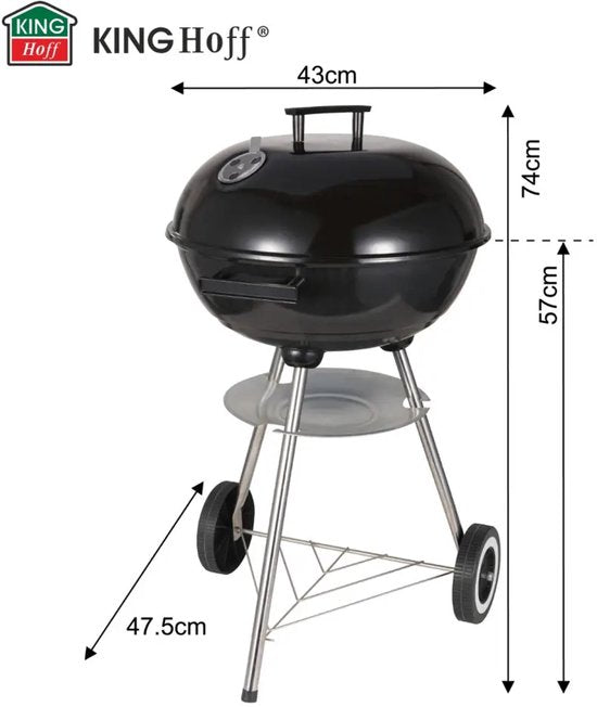 Kinghoff Kugelgrill mit Deckel & Rädern – Ø43 cm – Schwarz