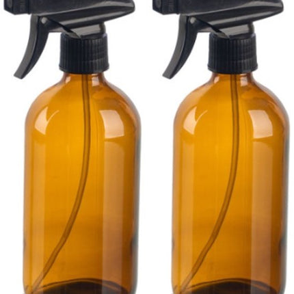 Plantenspuit - Spuitfles - Set van 2 - Glazen Plantenspuit - Rond - Luxe Waterverstuiver met Zwarte Spraykop - 500ml - 7.4 x 9.5 x 21.2 cm - Bruin-Zwart