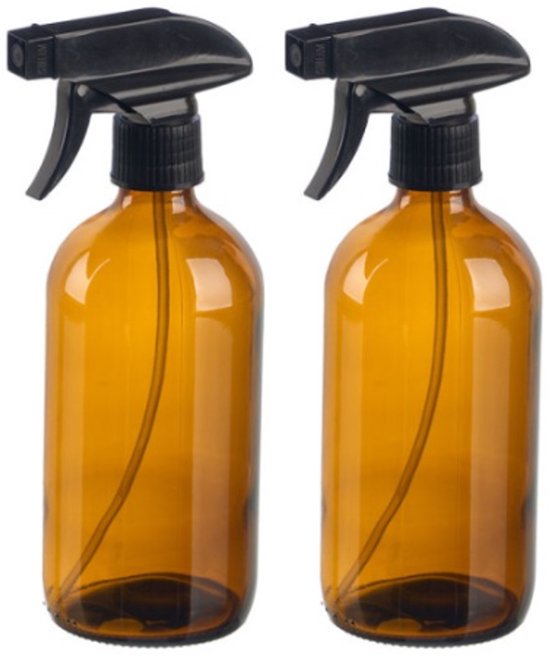 Plantenspuit - Spuitfles - Set van 2 - Glazen Plantenspuit - Rond - Luxe Waterverstuiver met Zwarte Spraykop - 500ml - 7.4 x 9.5 x 21.2 cm - Bruin-Zwart