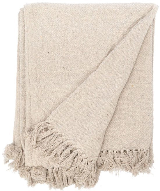 Pompon-Decke - Baumwollplaid - Große Wohndecke für Sofa und Bett - Dekorative Tagesdecke - Weiche Baumwolldecke - 180x220 cm - Natur