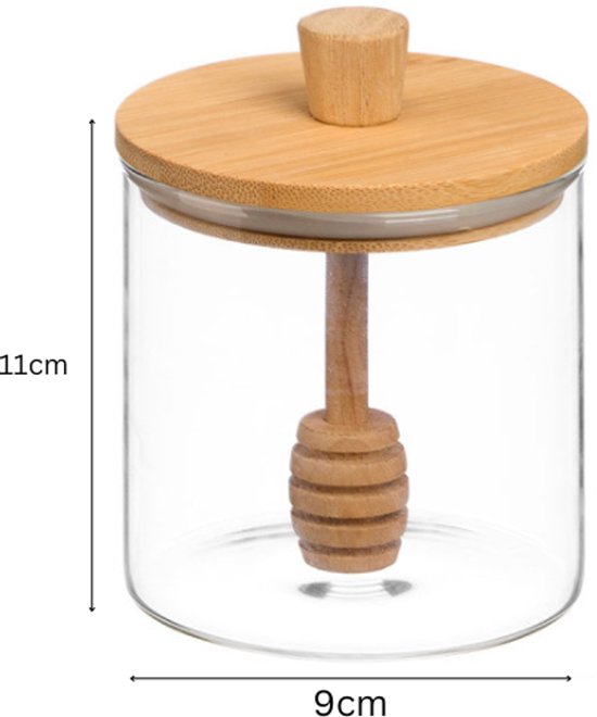 Glazen honingpot 500 ml – honing dispenser met handvat en bamboe deksel – foto 4