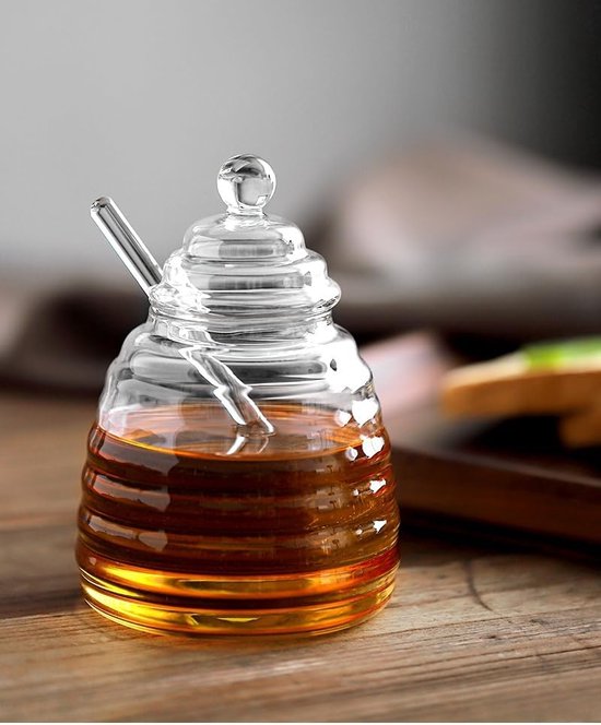 500 ml glass honey pot with honey dipper and lid, transparent glass honey jar for serving honey and syrup
