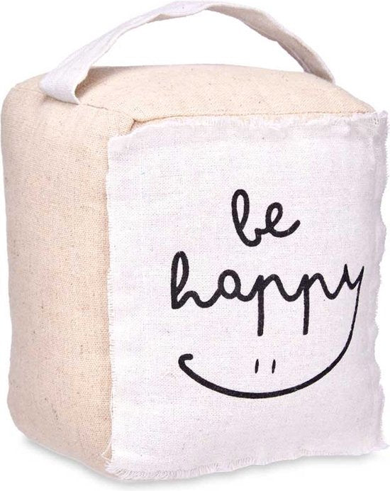 Giftdecor Deurstopper - 1 kilo - beige - canvas - Be happy - 14,5 x 16 x 19 cm