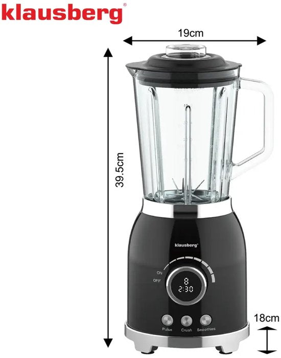 Klausberg - Blender - Smoothie Maker with LED Display - Ice Crusher - Glass Blender with 6 Stainless Steel Blades - Smoothie Blender with Timer - Kitchen Blender 8 Speeds - Crushed Ice Mixer - 1.5 L - 600W - Black