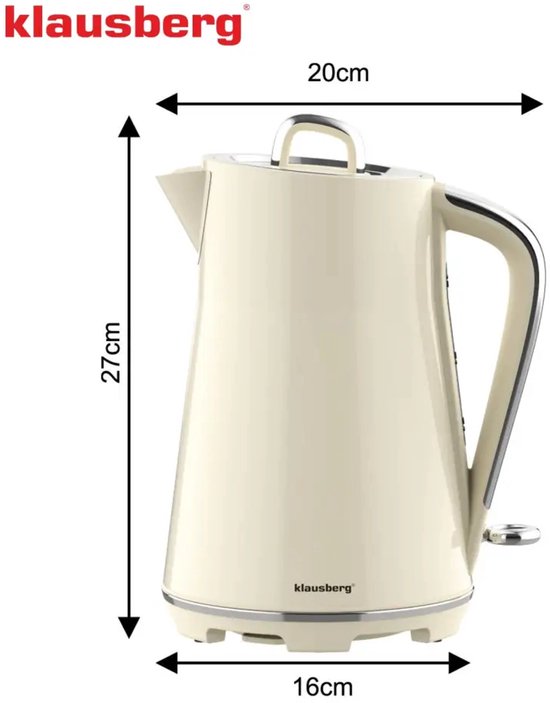 Klausberg elektrische waterkoker 1,7 liter – rvs, 2200 W, crème met chroom – foto 4
