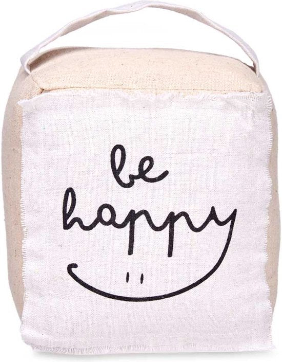 Giftdecor Deurstopper - 1 kilo - beige - canvas - Be happy - 14,5 x 16 x 19 cm