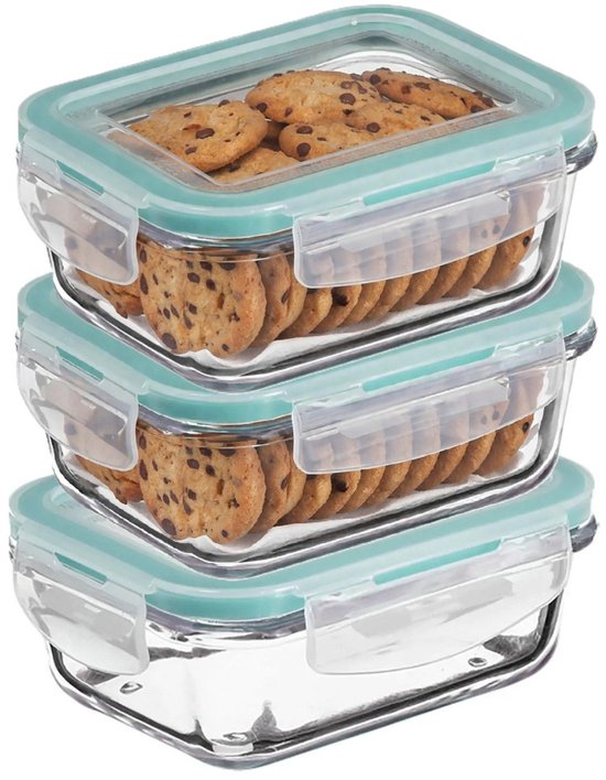 5Five Food storage container with lid - 3x - glass - airtight - with clips - 18 x 12 x 6 cm - 800 ml