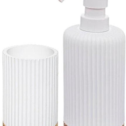 Badkameraccessoireset – Moderne Badkamer Accessoires – Zeeppomp & Tandenborstelhouder Set – Polyresin met Bamboe – Luxe Zeepdispenser & Beker – Wit