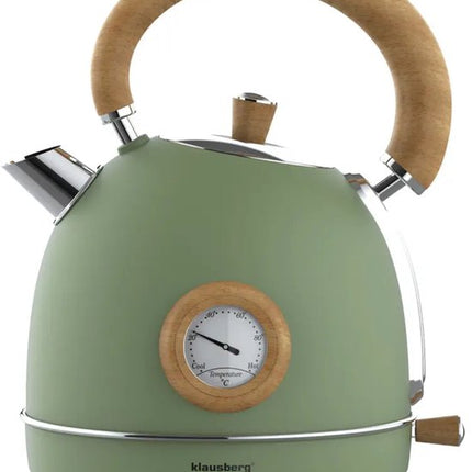 Klausberg 9008 - Retro Waterkoker - 1,8L - RVS - groen met hout - met thermometer