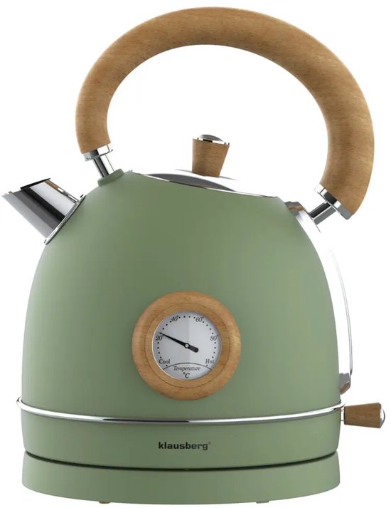 Klausberg 9008 retro waterkoker groen/hout – 1,8 liter RVS met thermometer