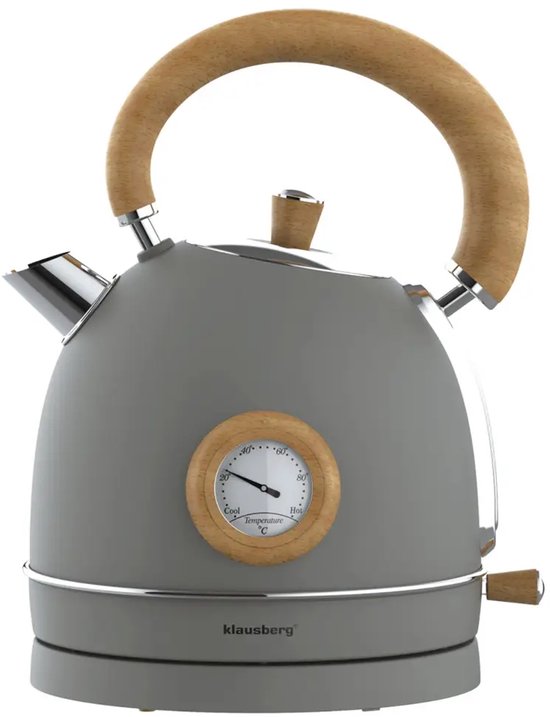 Klausberg retro waterkoker 1,8 liter – RVS, grijs met hout, met thermometer