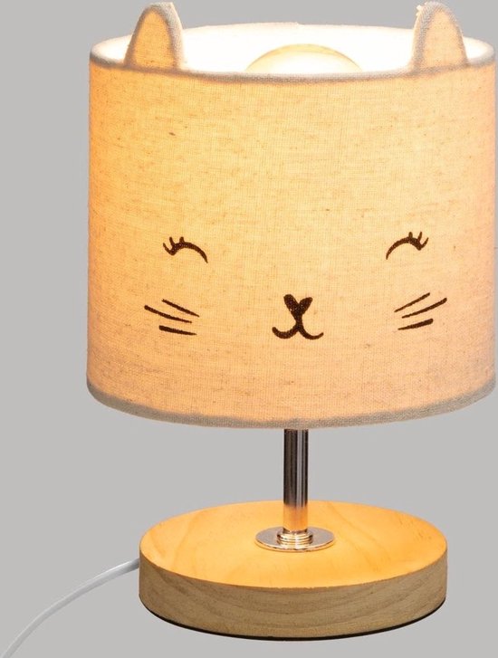 Atmosphera Nachtlampje kat - voor kinderen - grijs - linnen - D15 x 21 cm - Tafellamp/bureaulamp