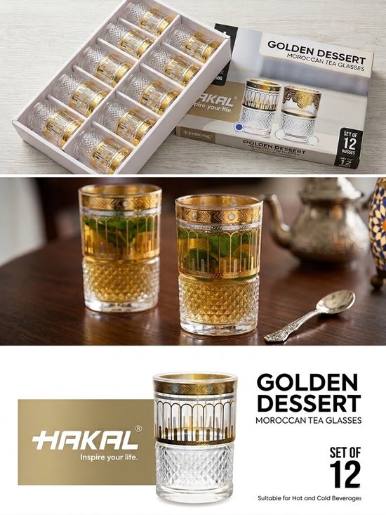 Marokkaanse Theeglazen Set - 12 Stuks - Thee Glazen - Oosterse Theeglazen met Goud Motief - voor Muntthee, Koffie en Desserts - 160 ml