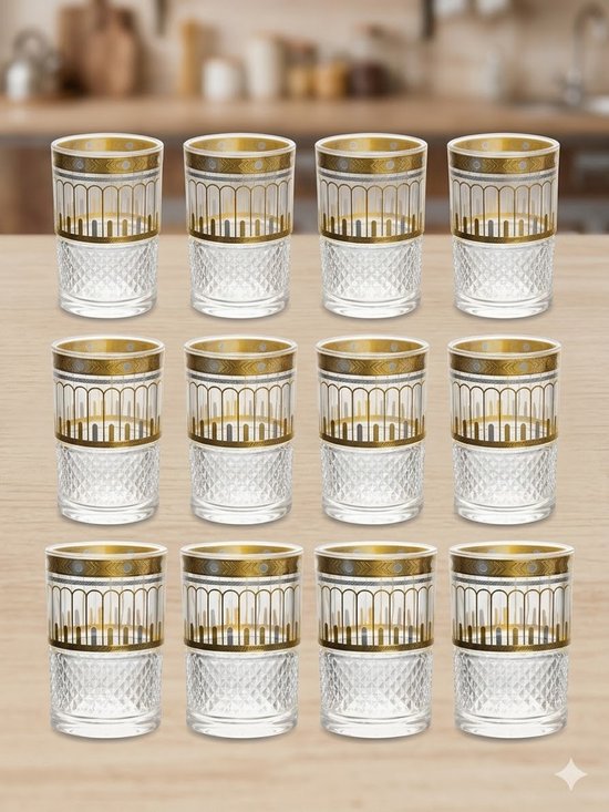 Marokkaanse Theeglazen Set - 12 Stuks - Thee Glazen - Oosterse Theeglazen met Goud Motief - voor Muntthee, Koffie en Desserts - 160 ml