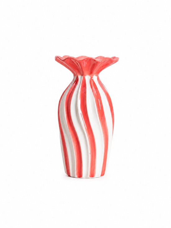 Homla - Vase - Flower Vase - Ceramic Vase with Ribbed Edge - Decorative Flower Vase - Modern Vase for Fresh Flowers and Dried Flowers - 13.5 x 13.5 x 25.5 cm - White & Coral Pink