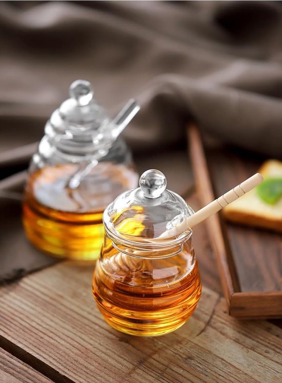 500 ml glass honey pot with honey dipper and lid, transparent glass honey jar for serving honey and syrup
