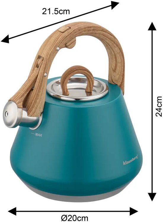 Klausberg - KB-9063 - Fluitketel 2.5L - RVS Waterketel - Matte Afwerking - Met Fluit - Afneembaar Deksel - Inductie - Gas - Elektrisch - Keramisch - Theeketel voor Koffie en Thee - Brede Voet - Turquoise Blauw