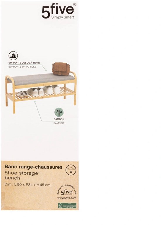 5Five Shoe Rack Bench - 2-tier - bamboo / plastic - 90 x 34 x 45 cm - for 4 pairs of shoes