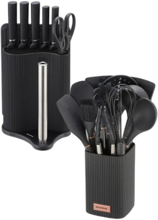 Klausberg - Küchenset - Küchenzubehör-Set - 8-teilig - Messerset mit Block & 12-teilig - Silikon-Küchenhelfer-Set - Schwarz
