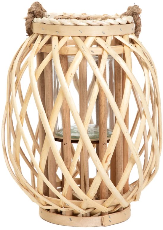HOMLA - Hohe Laterne Geflochten - Dekoratives Windlicht - Natürliche Stimmungsbeleuchtung - Boho & Skandinavisches Interieur - Kerzenhalter aus Holz - 30 cm - Natur