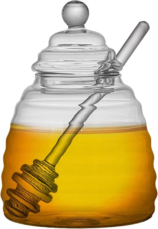 500 ml glass honey pot with honey dipper and lid, transparent glass honey jar for serving honey and syrup