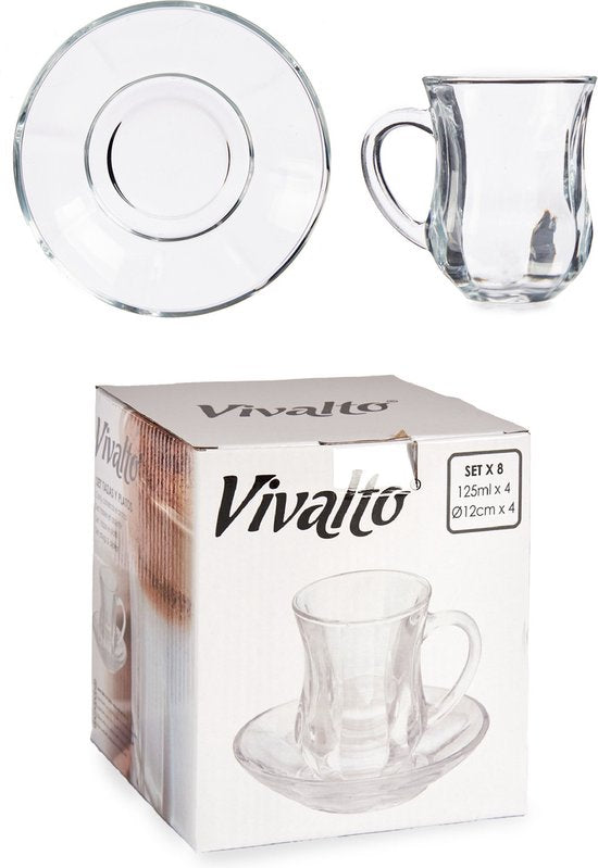 Vivalto Tea Glass with Saucer and Handle - 125 ml - Set of 4 - Turkish Tea Glasses
