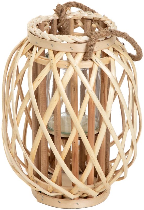 HOMLA - Hohe Laterne Geflochten - Dekoratives Windlicht - Natürliche Stimmungsbeleuchtung - Boho & Skandinavisches Interieur - Kerzenhalter aus Holz - 30 cm - Natur