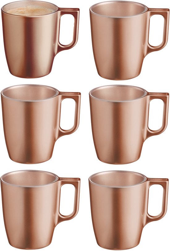 Luminarc Koffiemokken Monaco - 6x stuks - Hard Glas - caramel bruin - 250 ml - 9 cm - Flashy metallic finish