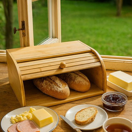 MPLCo - Bamboe Broodtrommel met Roldeksel - Broodtrommel voor Brood, Bolletjes & Gebak - Houten Brooddoos met Schuifdeksel - Ruime Broodbewaarbox - 40 x 27.5 x 17.5 cm - Bruin