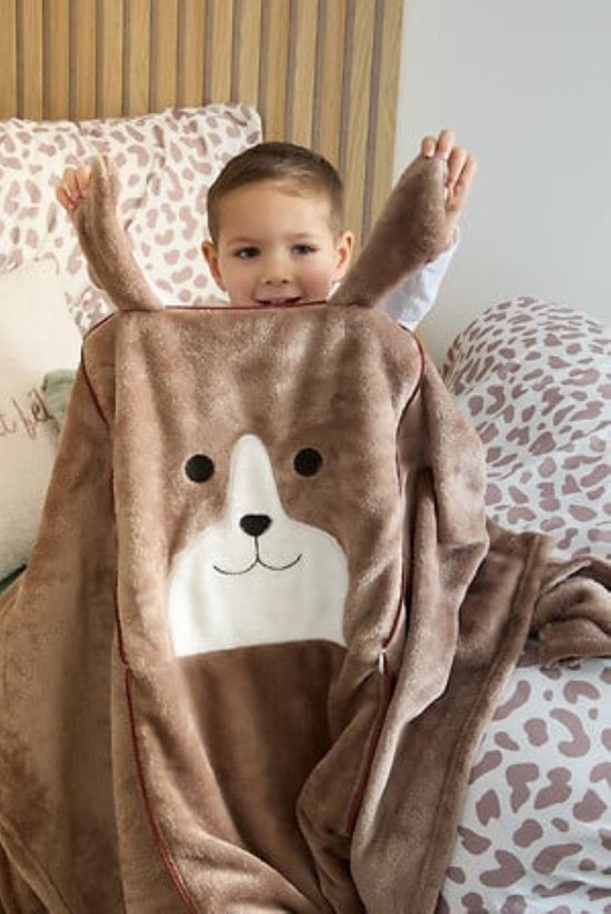 2-in-1 Knuffelkussen en Dekentje - Met Rits - Deken & Kussen - Voor Kinderen - Hondenontwerp - Polyester - 150 x 100 cm - Bruin