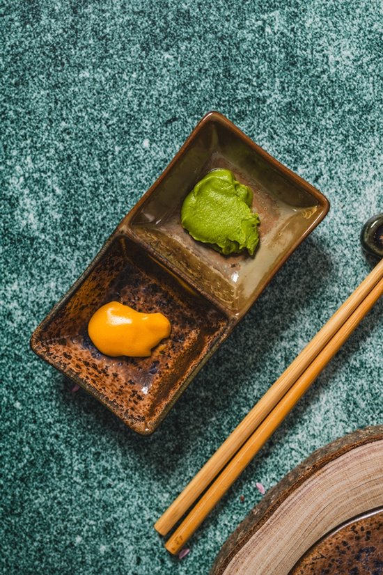 MPLCo - Ondes Dubbele Dip Schaaltje - Dubbele Kom voor Saus & Tapas - Sushi Schaaltje 2 Vakken - Dip Bowl Keramiek - Vaatwasser & Magnetron Bestendig - 50ml - ca. 14 x 7.5 x 3 cm - Aardetinten