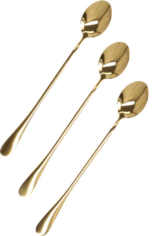 Homla Stilo latte lepels – set van 3 lange dessertlepels, RVS goud